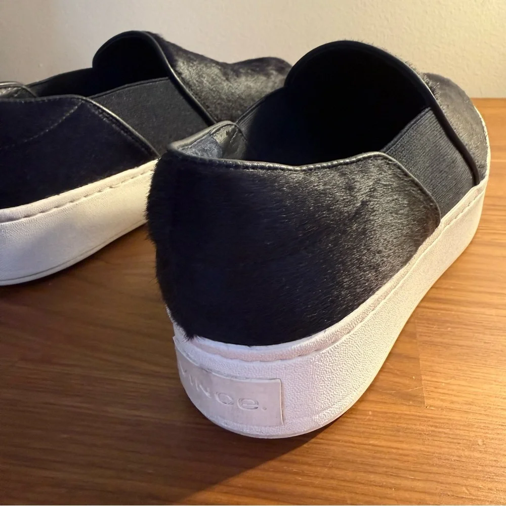 Vince Warren Pony Hair Slip On in Black with White Platform, size 6.5